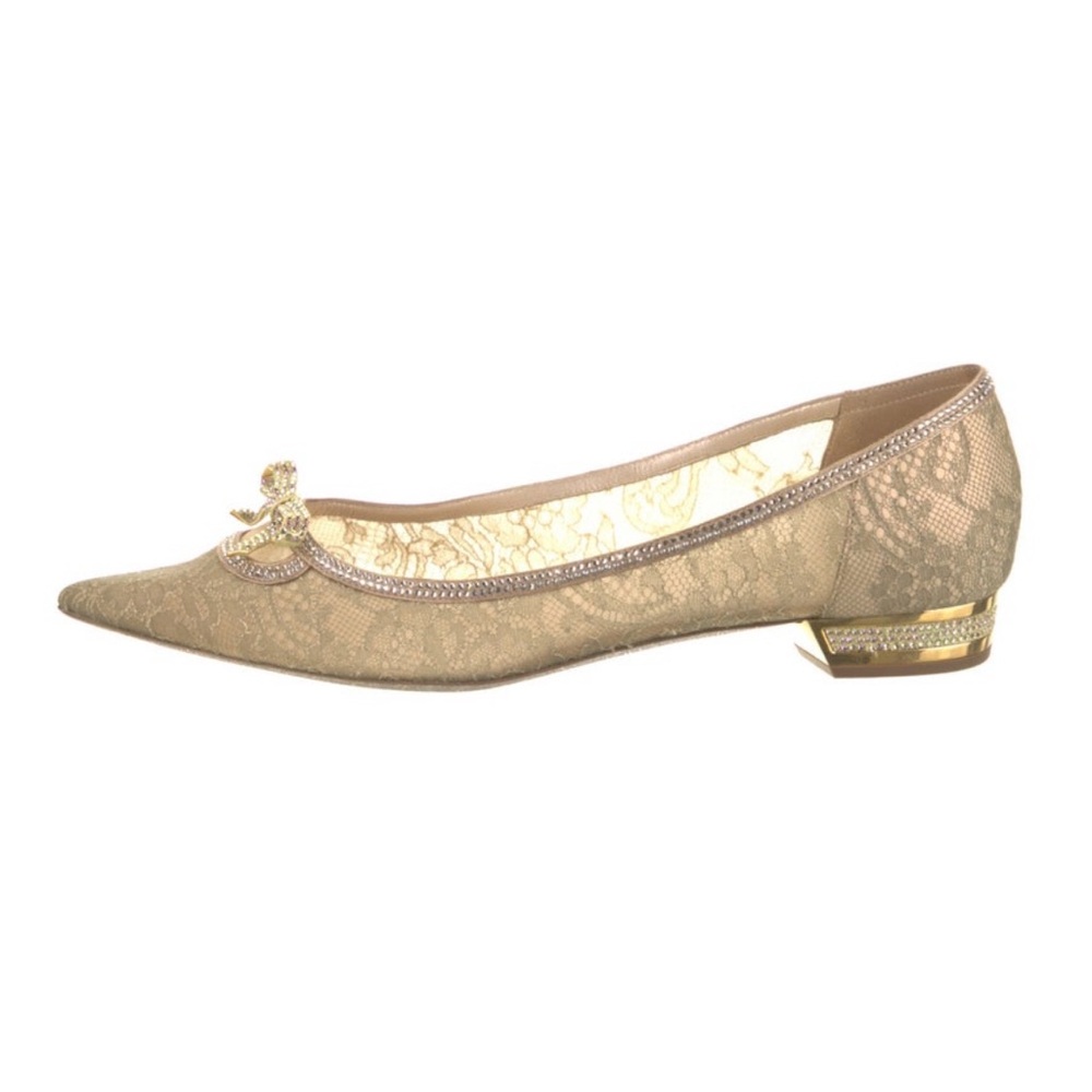Rene Caovilla Gold Lace Decollete Crystal Pointed Toe Ballet Flat, Size EU 38.5